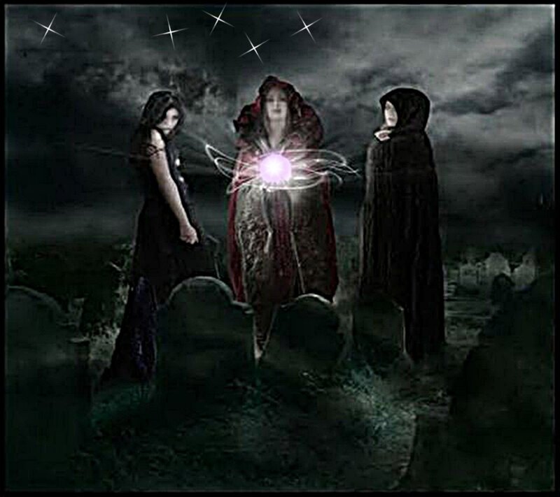 Three witches in a graveyard