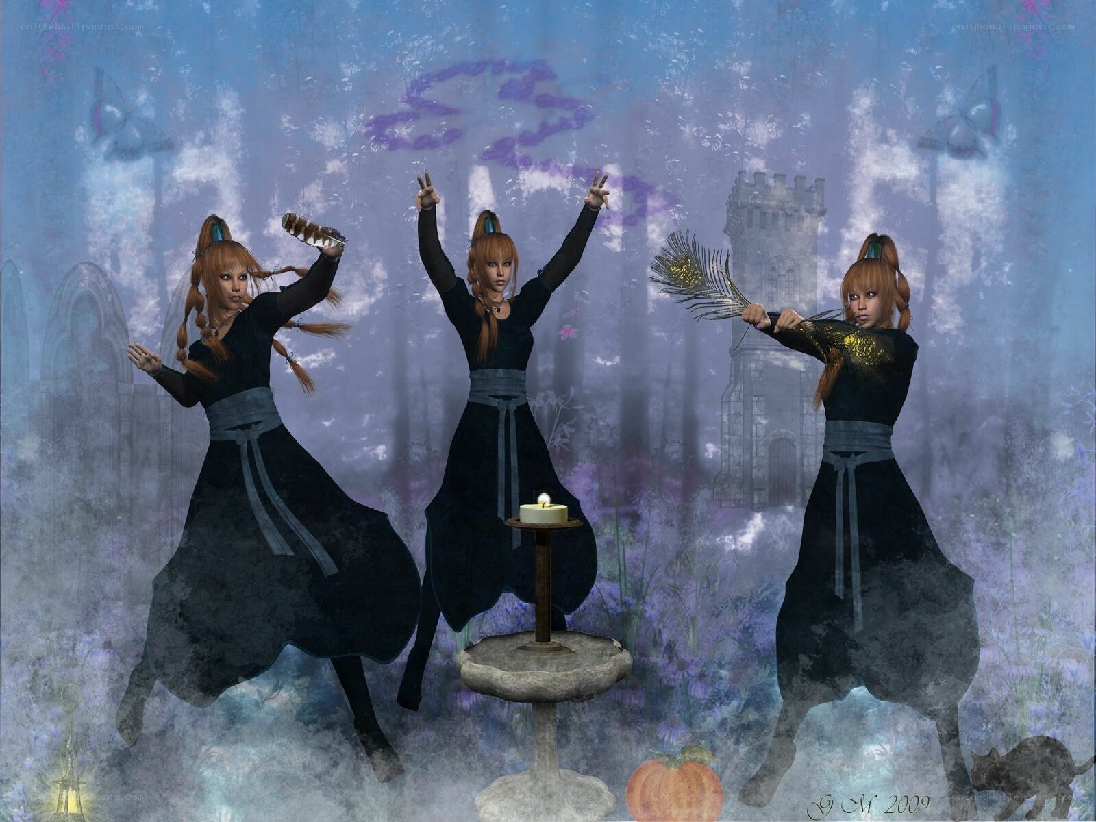 Three witches in a mystical forest