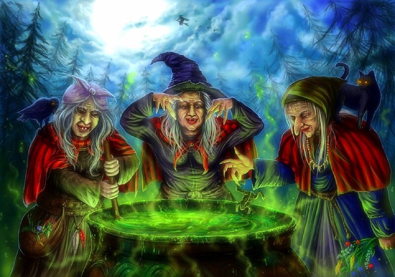 Three Witches in Forest — Green