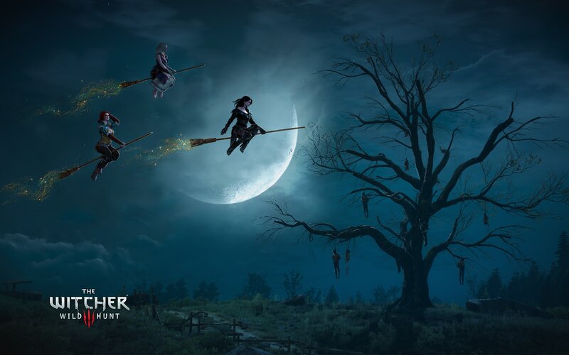 Three Witches on Broomsticks — Blue, Dark, Dramatic