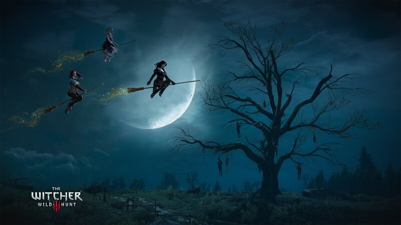 Three Witches on Broomsticks — Blue