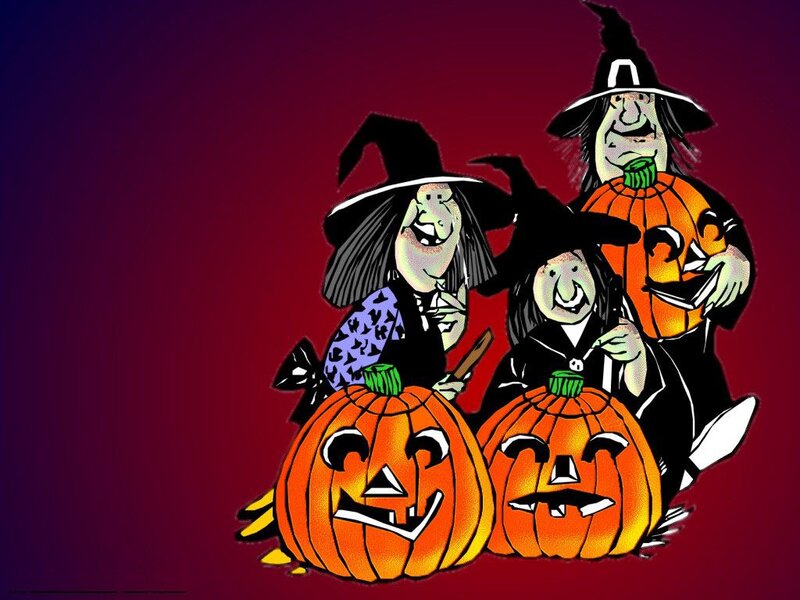 Three Witches with Pumpkins