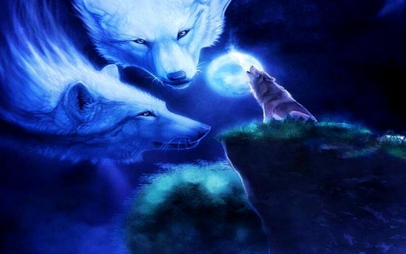 Three Wolves Howling — Blue, Dramatic, Night, Digital Art, Moon, Cliff