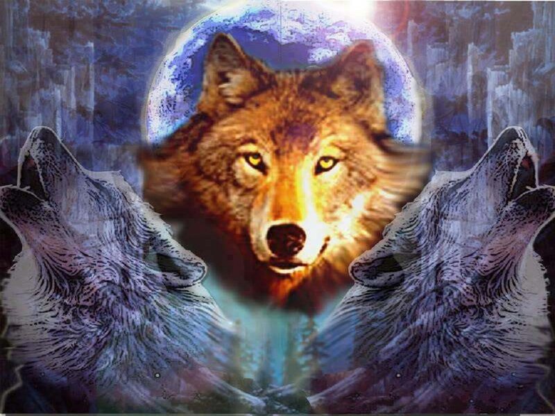 Three Wolves Howling — Blue, Dramatic, Night, Digital Art, Moon, Forest, Night Sky