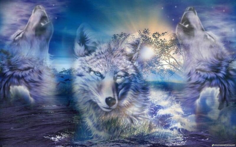 Three Wolves Howling — Blue, Dramatic, Night, Digital Art, Moon