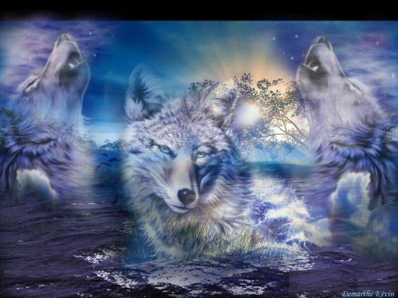 Three Wolves Howling — Blue, Dramatic, Night, Digital Art, Moon, Trees, Sky