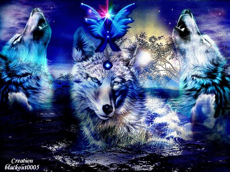 Three Wolves Howling — Blue, Dramatic, Night, Digital Art