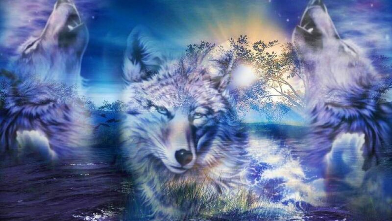 Three Wolves Howling — Blue, Dramatic, Night, Digital Art, Trees, Moon