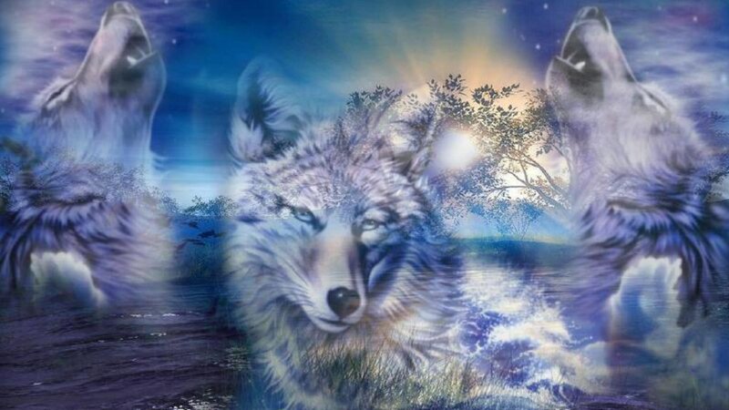 Three Wolves Howling — Blue, Dramatic, Night, Digital Art, Trees