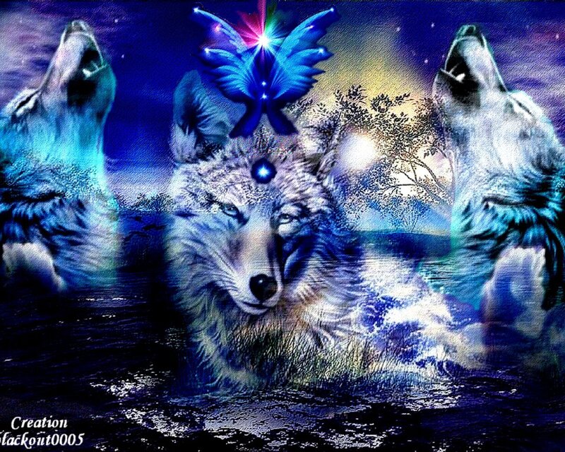 Three Wolves Howling — Blue, Mystical