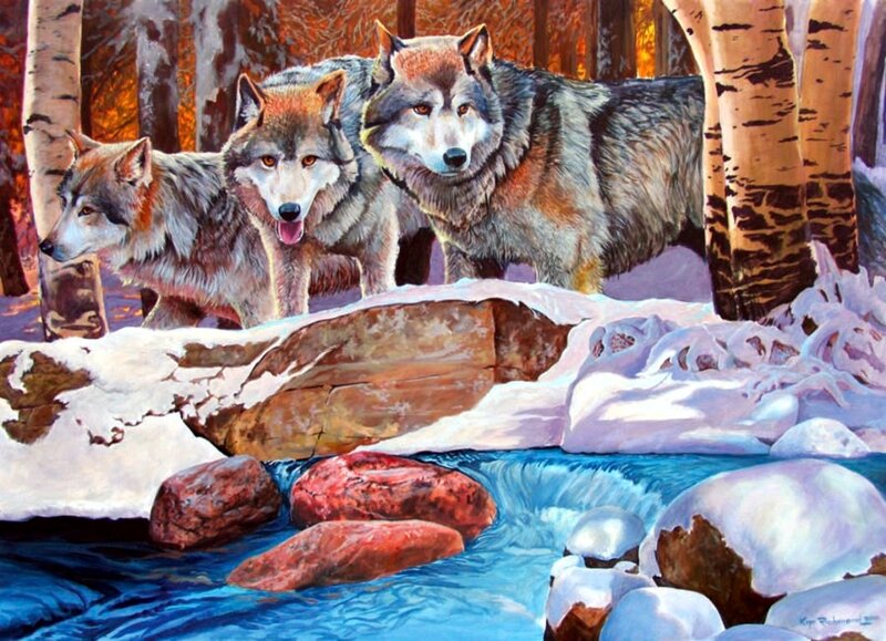 Three Wolves in Forest — Blue, Natural