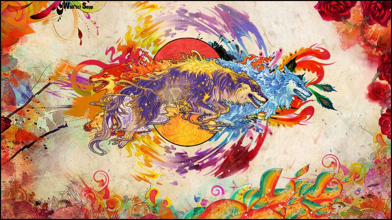 Three Wolves in Motion — Red, Dynamic