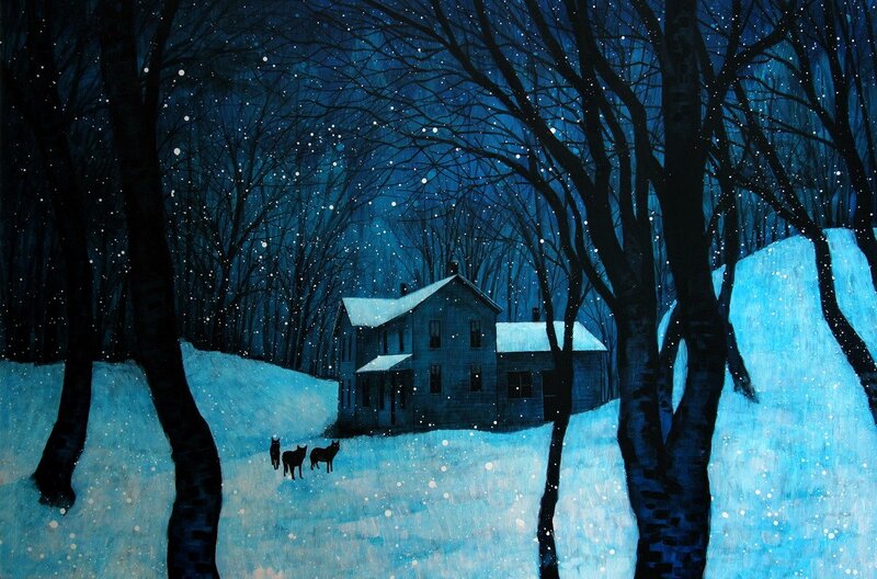Three Wolves in Snow — Blue, Serene, Night