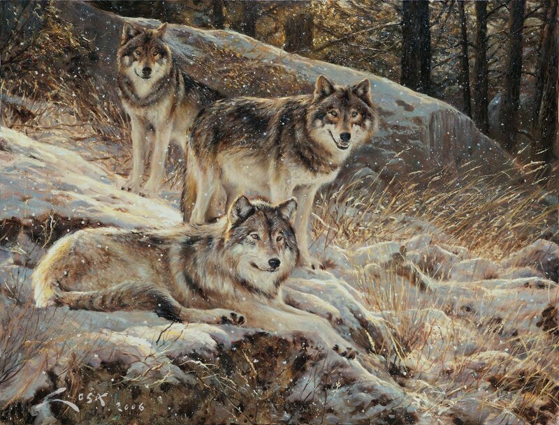 Three Wolves in Snow — Brown, Calm, Winter, Painting, Forest