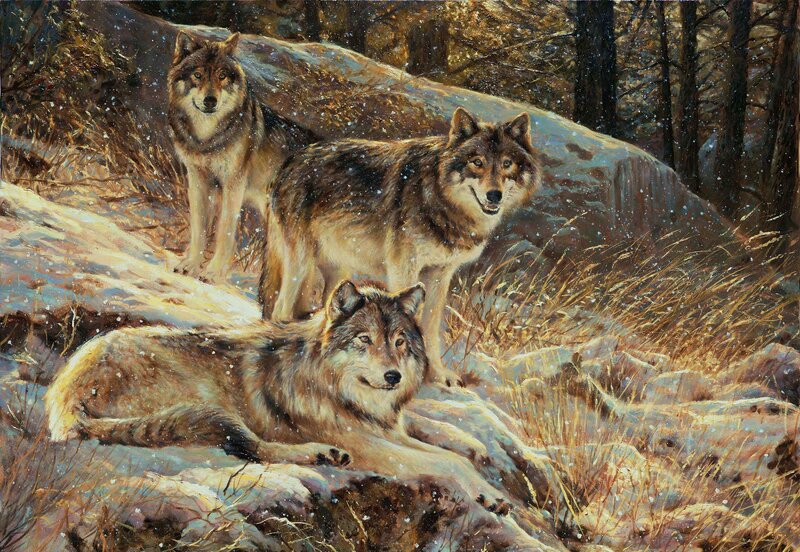 Three Wolves in Snow — Brown, Calm, Winter, Painting