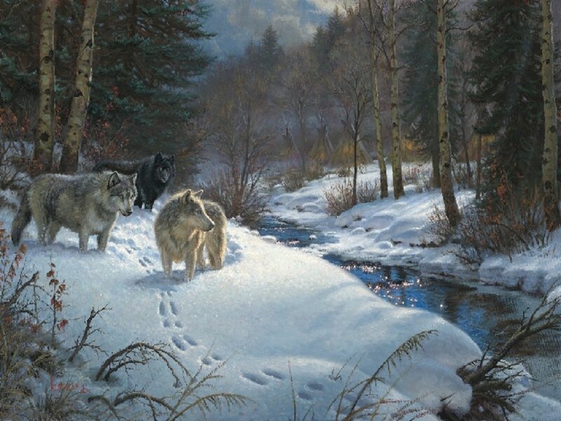 Three Wolves in Snow — White, Serene, Winter, Painting, River, Trees, Forest