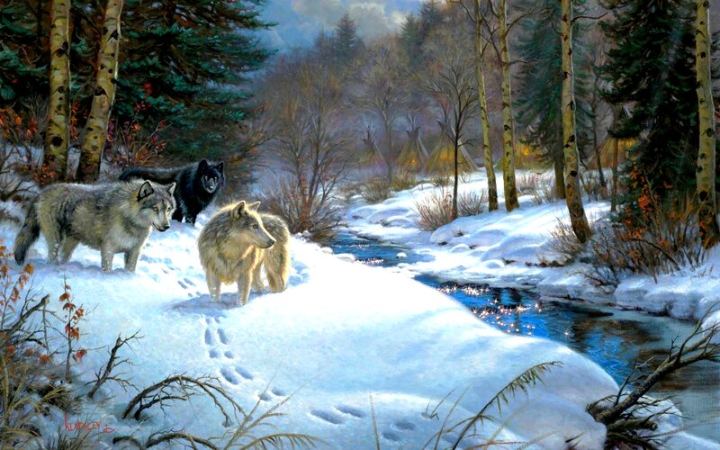 Three Wolves in Snow — White, Serene, Winter, Painting, River, Trees