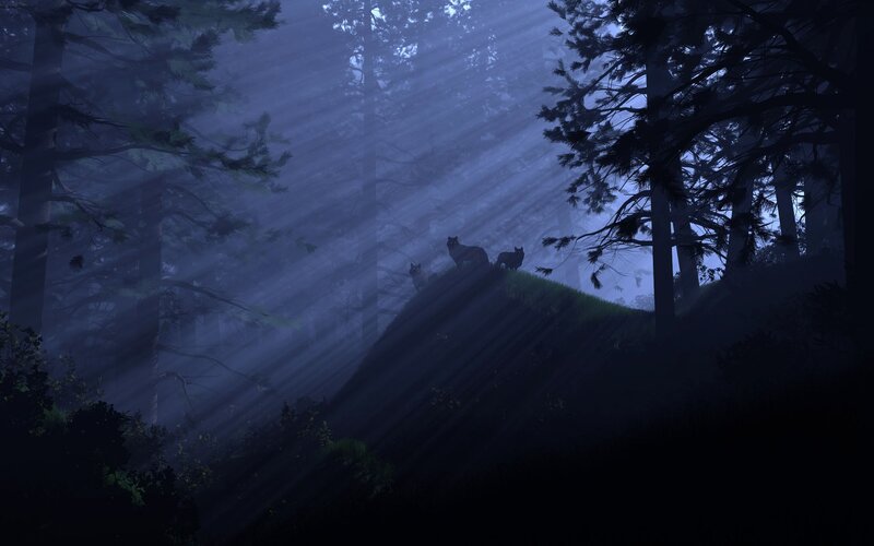 Three Wolves on a Hill — Blue, Mysterious