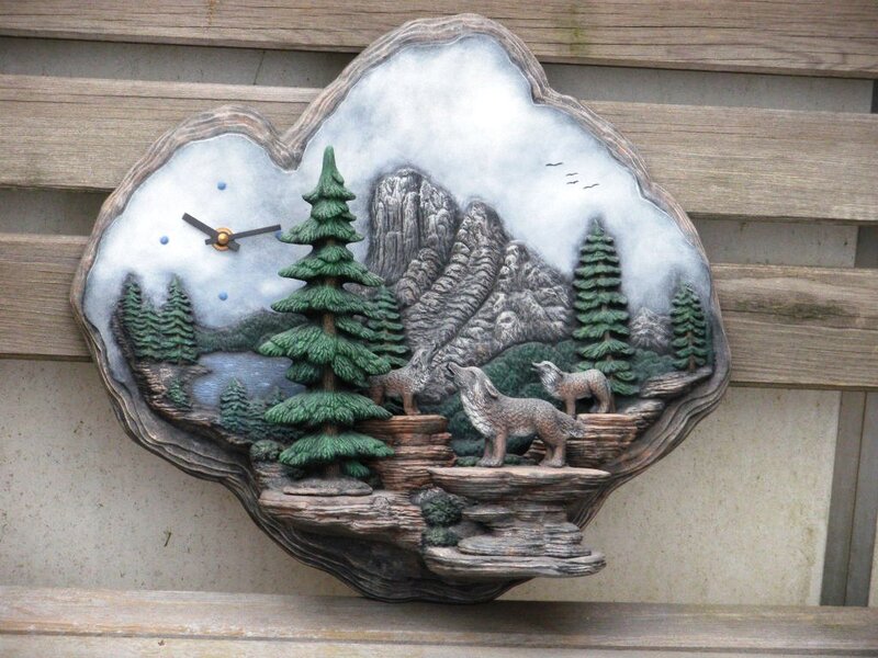 Three Wolves on Rocks — Green, Serene