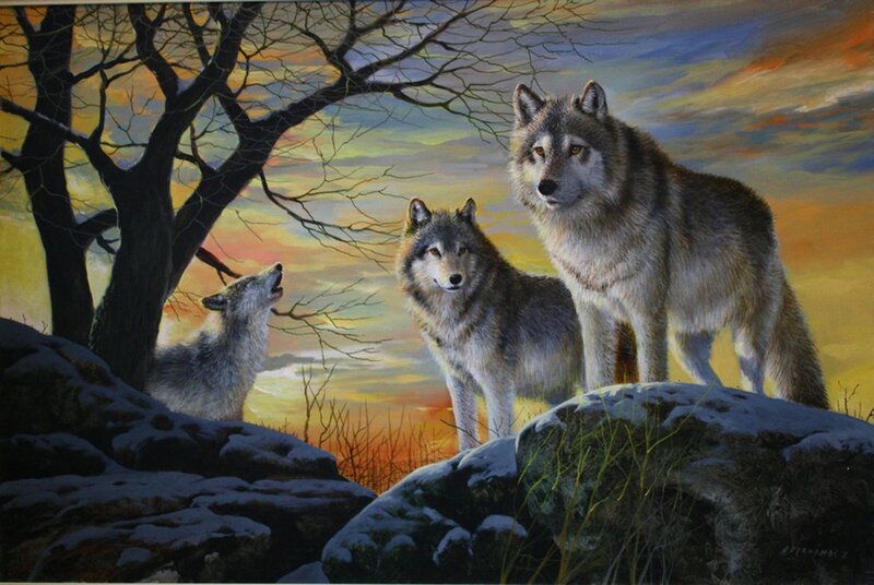 Three Wolves on Rocks — Yellow
