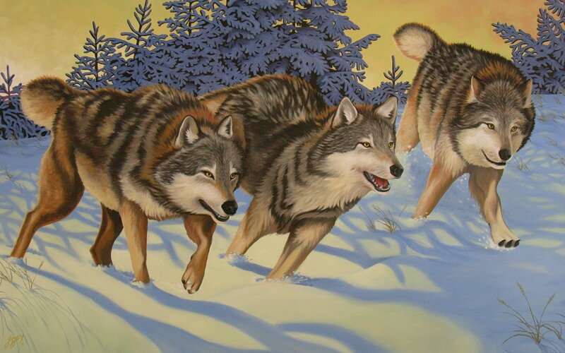 Three Wolves Running — Blue