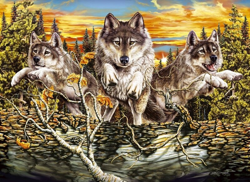 Three Wolves Running — Orange