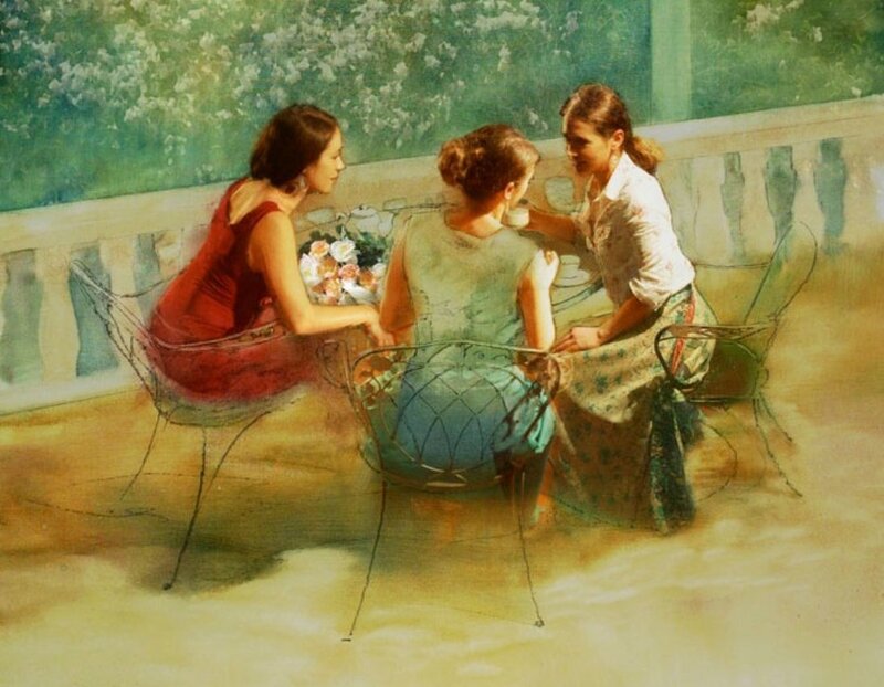 Three women at a garden table
