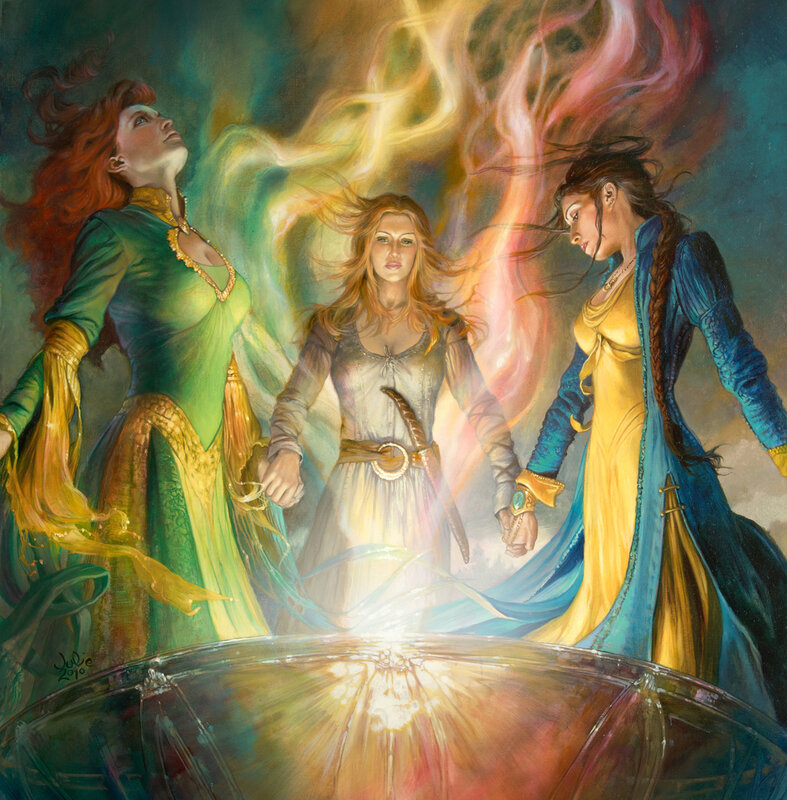 Three women at a magical cauldron