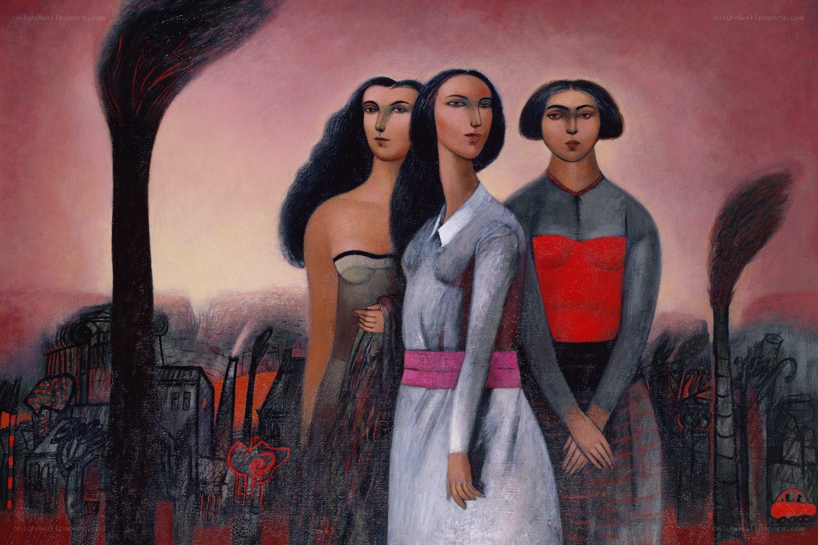 Three Women in a Distorted Landscape