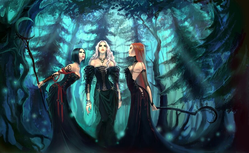 Three Women in a Forest — Blue, Mysterious