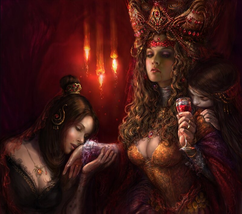 Three women in a red chamber
