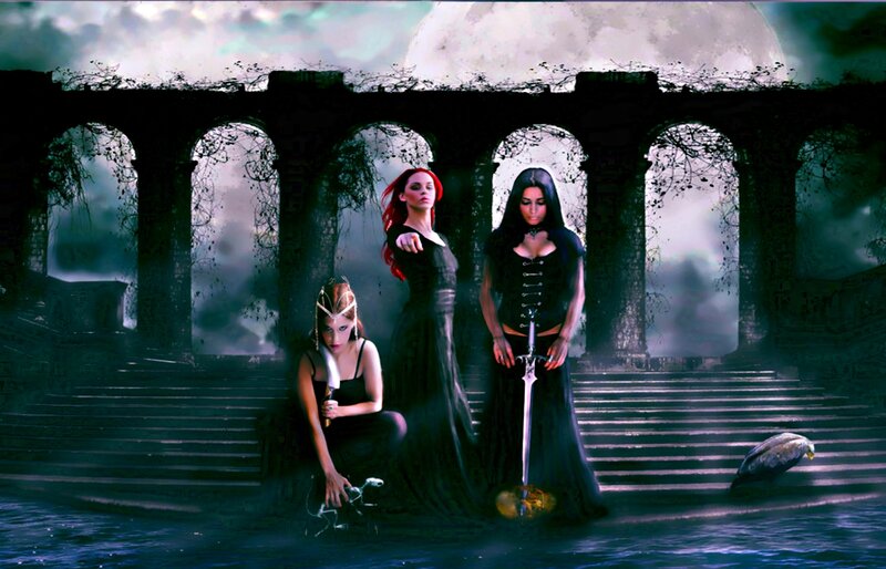 Three Women in Black Dresses — Dramatic, Night