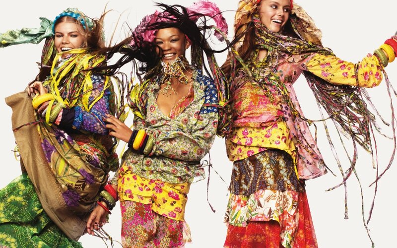 Three Women in Colorful Clothing