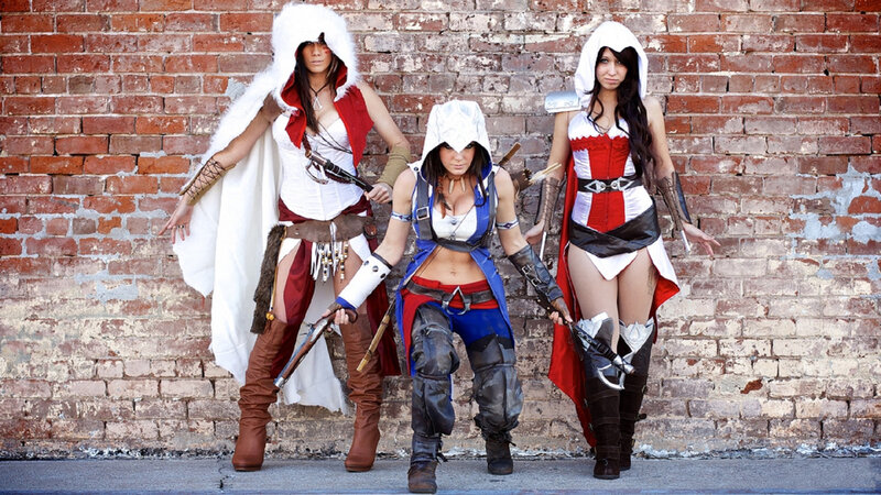 Three Women in Costumes — White, Dramatic