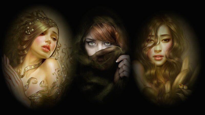 Three Women in Dark Setting