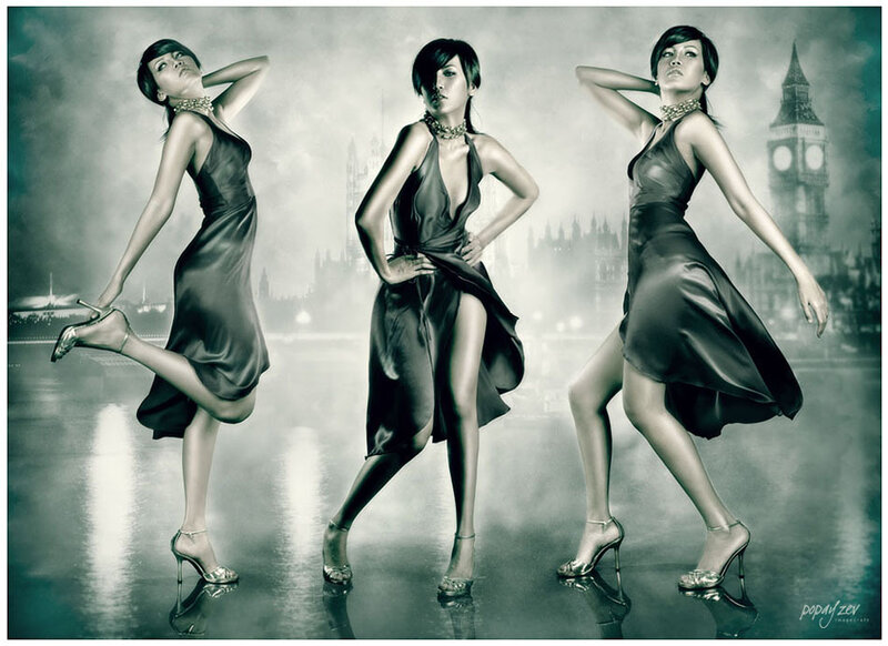 Three women in elegant dresses