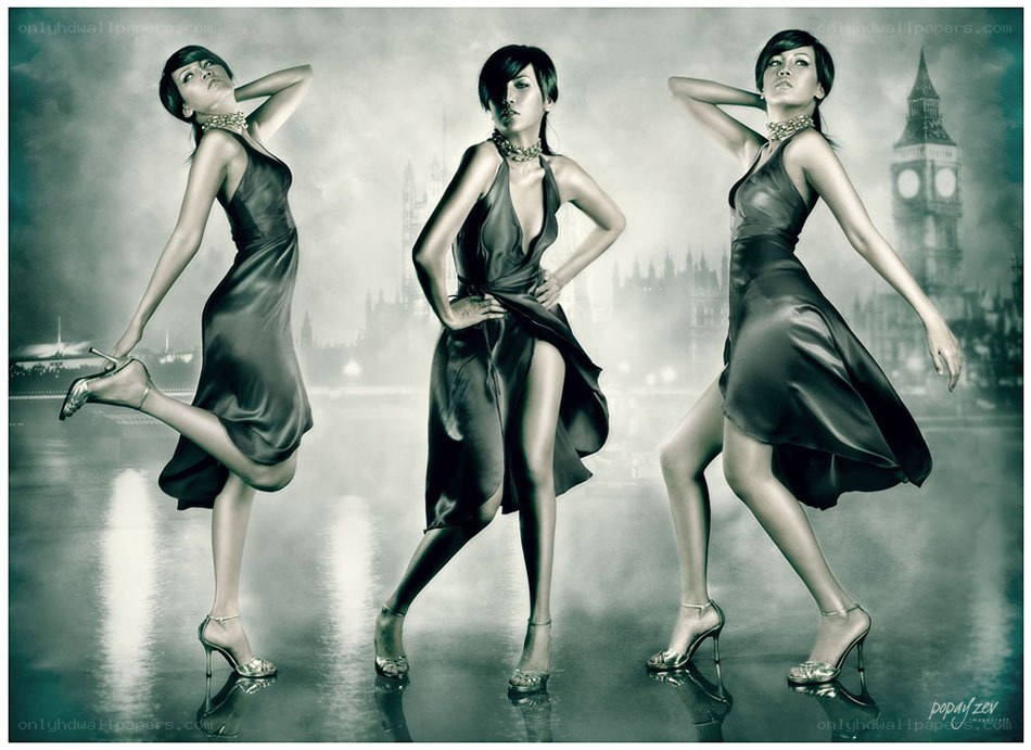 Three women in elegant dresses