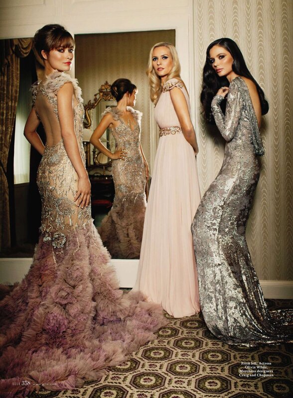 Three women in elegant gowns