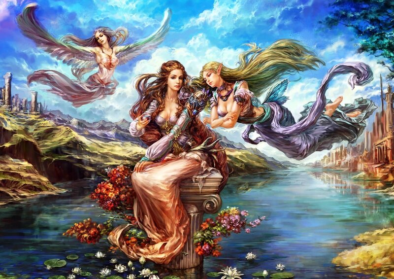 Three Women in Fantasy Scene — Blue