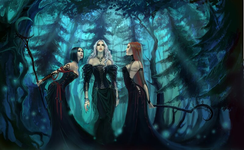 Three Women in Forest — Blue, Mysterious, Night, Digital Art, Wands, Corsets