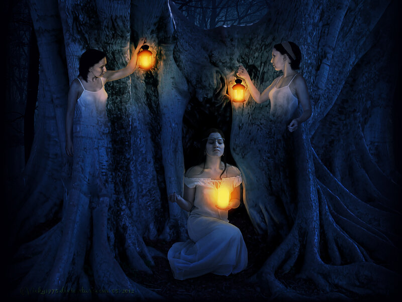 Three Women in Forest — Blue, Mysterious, Night