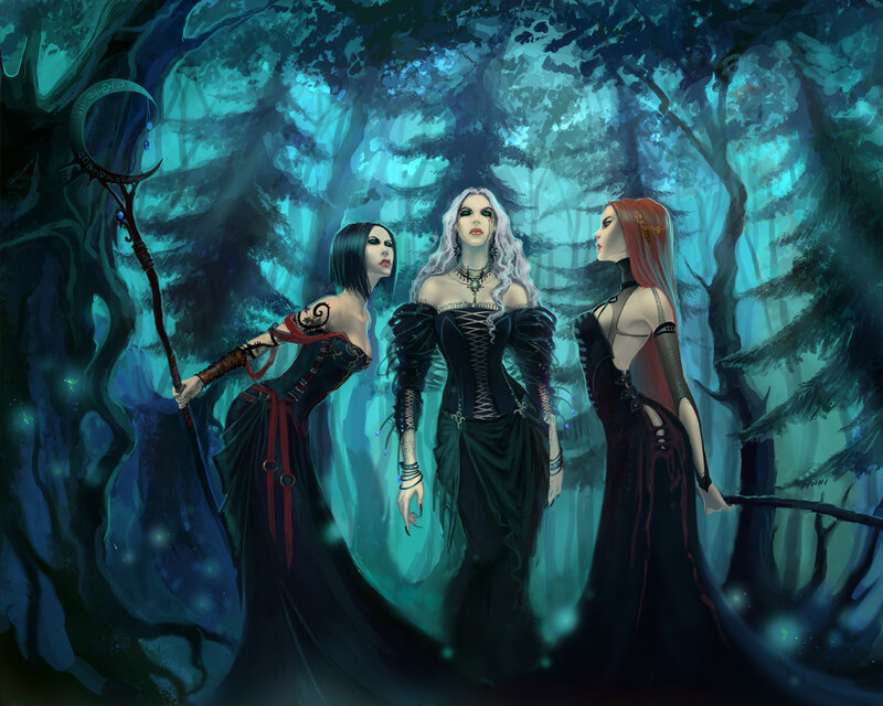 Three Women in Forest — Blue, Mysterious