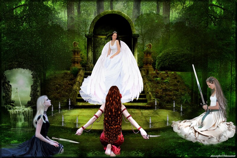 Three Women in Forest — Green, Dramatic, Digital Art