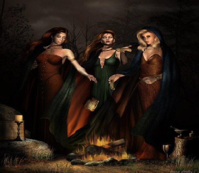 Three Women in Forest — Green, Dramatic, Night