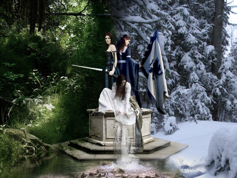 Three Women in Forest — Green, Dramatic