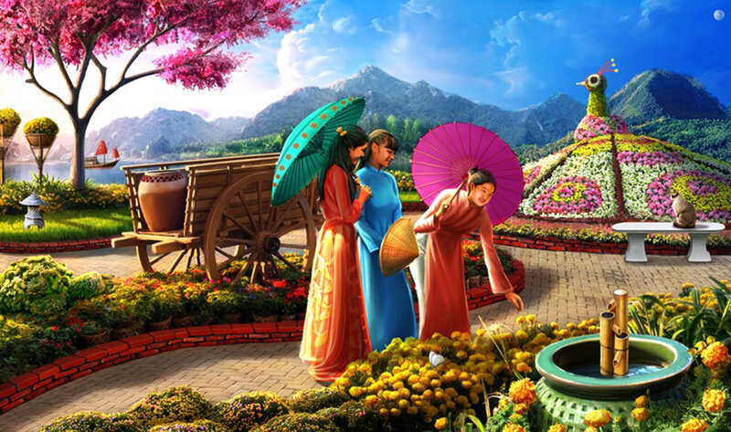 Three Women in Garden — Pink