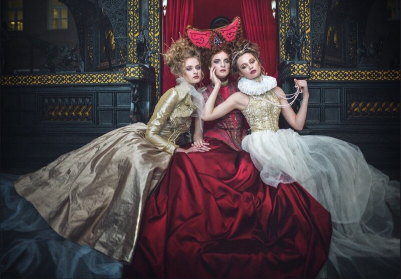 Three Women in Gowns — Red