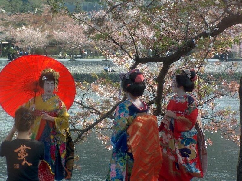 Three Women in Kimonos — Red, Serene, Spring