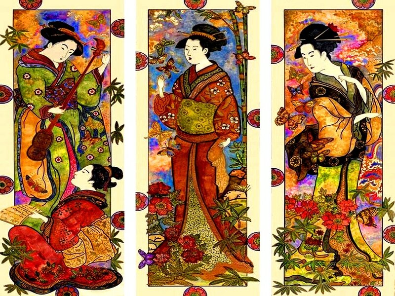 Three Women in Kimonos — Red, Serene