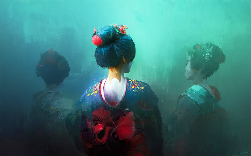 Three Women in Kimonos — Teal
